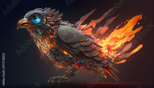 robot bird on fire, bird in the form of a fiery robot, the future of animal robots
