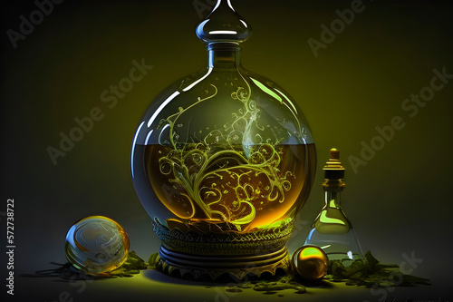 ornate patterns inside a chemical flask, a metaphor for research in biology, cosmetology. alchemical jar with magic light on a dark background. generative ai photo