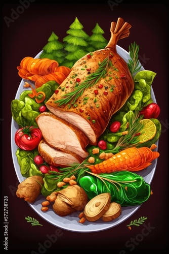 roasted meat pork with vegetables for christmas or than illustration design art