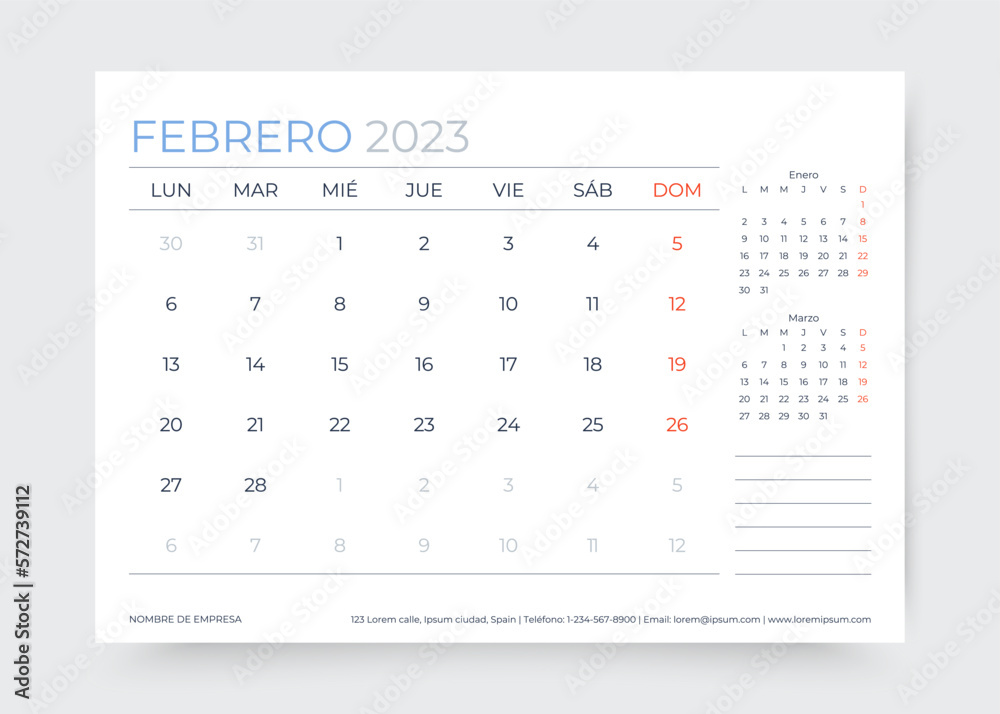 February 2023 year Spanish calendar. Planner calender layout. Week starts Monday. Spain monthly organizer. Timetable template. Table schedule grid. Vector simple illustration. Paper size A5 February 2023 year Spanish calendar. Planner calender layout. Week starts Monday. Spain monthly organizer. Timetable template. Table schedule grid. Vector simple illustration. Paper size A5