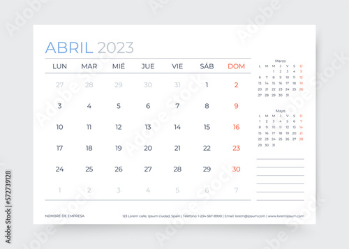 April 2023 year calendar in Spanish. Planner calender template. Week starts Sunday. Spain monthly organizer. Timetable layout. Corporate table schedule grid. Vector simple illustration. Paper size A5