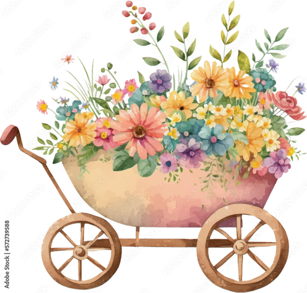 Vintage flower watercolor spring concept. Vintage flowers wheelbarrow with spring flowers and leaves for invitation, greeting card, poster, frame, wedding, decoration and more.