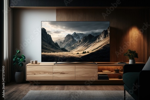 Modern Wooden Minimalist Apartment Interior Living Room With 8k Tv Screen
