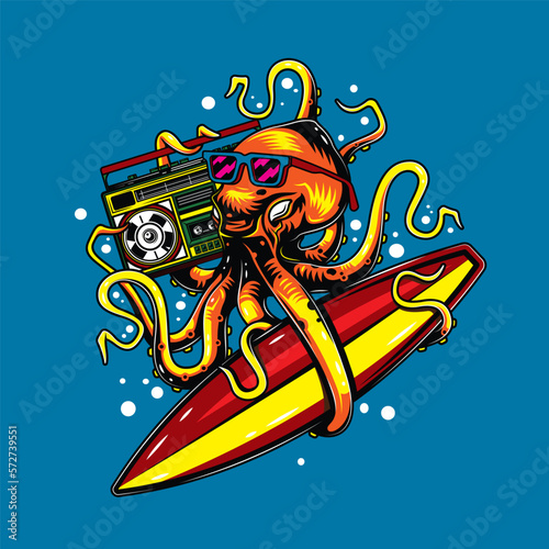 Original vector illustration in vintage octopus style with glasses with surfing and Boombox. T-shirt design, design element. © artmarsa