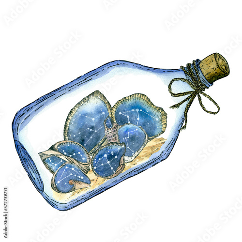 Glass bottle with seashells and stars, insulated. Watercolor illustration.