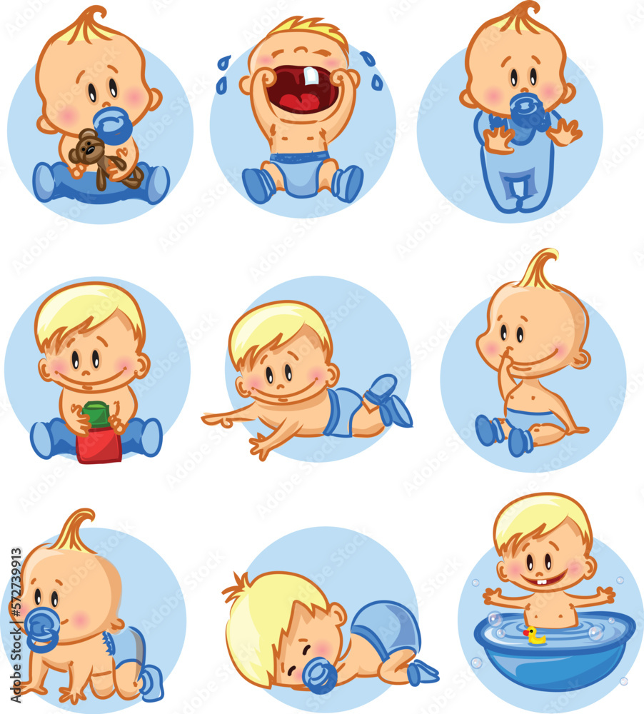 Vector set with baby boys, baby care accessories, toys. Isolated vector illustration. Perfect for prints, calendar, sticker, invitation, baby shower, children clothes, poster. Vector set with baby boys, baby care accessories, toys. Isolated vector illustration. Perfect for prints, calendar, sticker, invitation, baby shower, children clothes, poster.