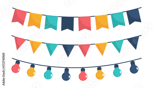 Flags and light bulbs for birthday. Festive decorations for holiday or festival. Vector
 photo