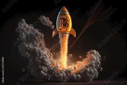 Cryptocurrency Revolution: Rocket Taking Off with Bitcoin Logo photo