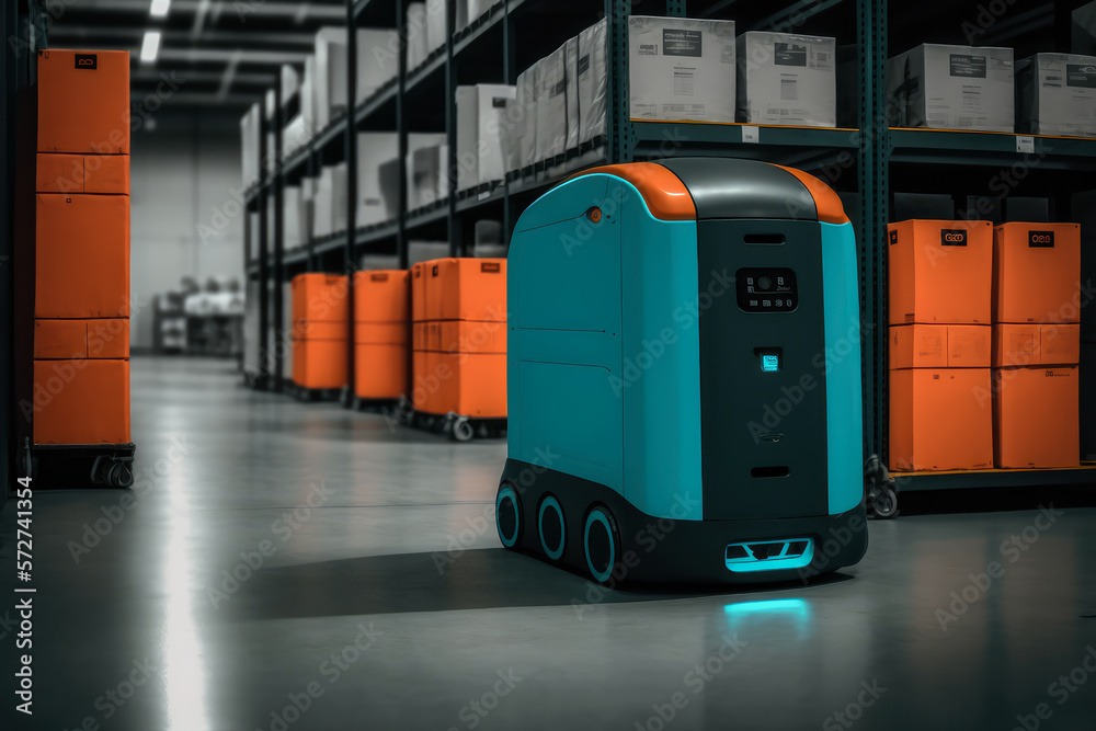 Autonomous Mobile Robots Transporting Products in Smart Warehouse, generative ai Autonomous Mobile Robots Transporting Products in Smart Warehouse, generative ai