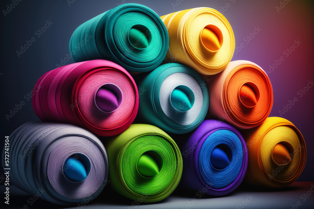 Brightly-colored silk fabric rolls stacked in neat piles, ready for purchase The varying shades of blue, purple, pink, and yellow are a delight to the eye, generative ai Brightly-colored silk fabric rolls stacked in neat piles, ready for purchase The varying shades of blue, purple, pink, and yellow are a delight to the eye, generative ai