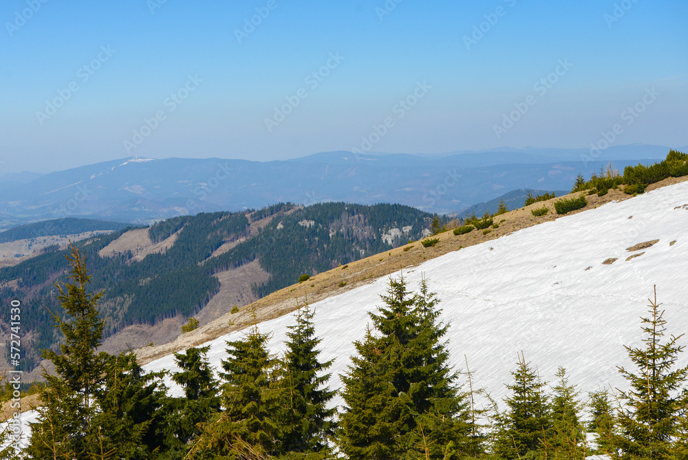 Beautiful view of the snowy mountains with blue sky , no clouds during day in the spring. Spring meadow with snow and knee-timber. West Tatras, Slovakia, Liptovsky Mikulas. Beautiful view of the snowy mountains with blue sky , no clouds during day in the spring. Spring meadow with snow and knee-timber. West Tatras, Slovakia, Liptovsky Mikulas.