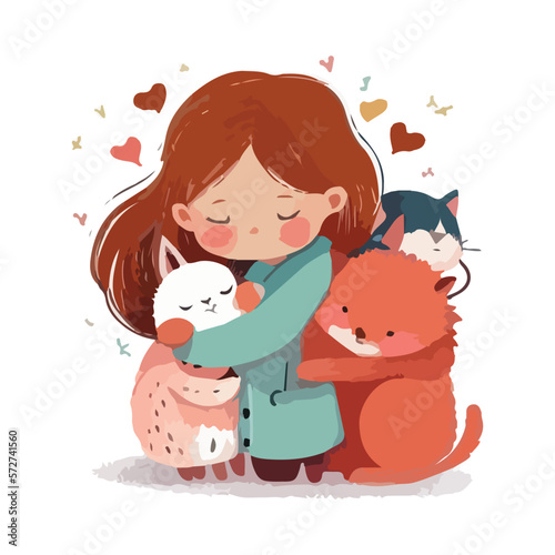 cute little girl hugging animals with vector illustration
