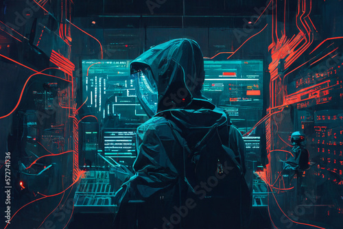 A hacker attempting to breach a network defended by an AI-powered security system with Generative AI technology