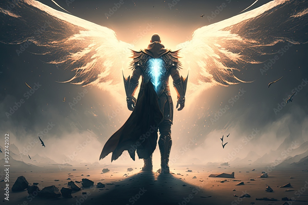 Epic archangel warrior knight paladin in heaven with armor and wings