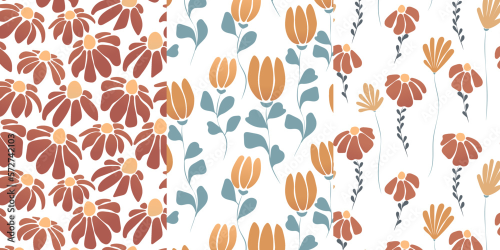 Set of seamless patterns. Flowers in retro style