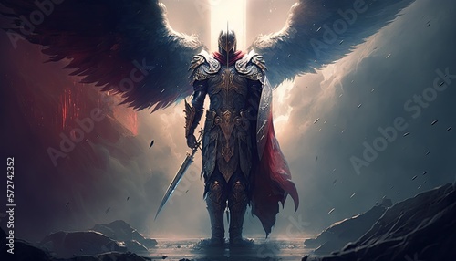 Photo Epic archangel warrior knight paladin in heaven with armor and wings, angel fantasy