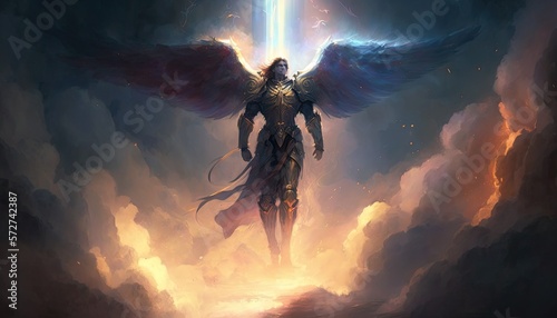 Fotografiet Epic archangel warrior knight paladin in heaven with armor and wings, angel fantasy