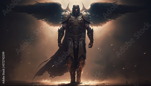 Print op canvas Epic archangel warrior knight paladin in heaven with armor and wings, angel fantasy