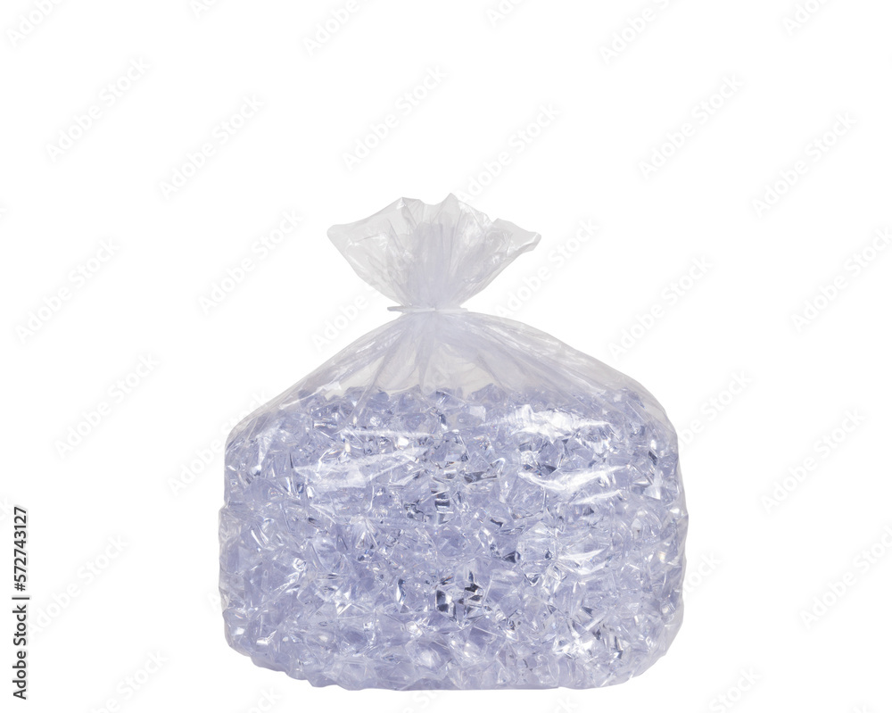 Bag of ice cubes in clear plastic bag isolated on a transparent background