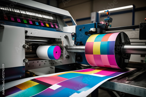 industrial printing machine in the process of printing a colorful, graphic design onto a large roll of paper, generative ai