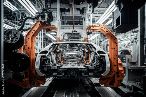 look inside a modern car factory with advanced technology, generative ai