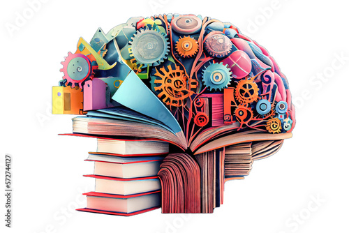 brain, stack of books, Library, education, new idea, science concept, Generative AI 