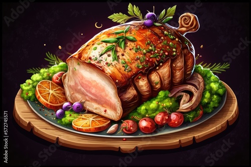 roasted meat pork with vegetables for christmas or than illustration design art photo