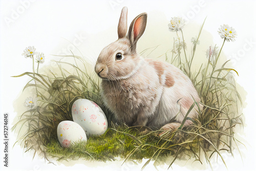 Easter bunny and easter eggs in grass. Watercolor painting. Generative AI