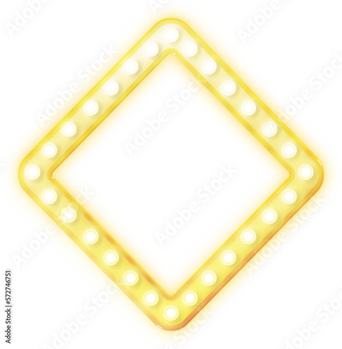 3d golden polygon frame for your text. Glowing light bulbs shiny luxury border frame.