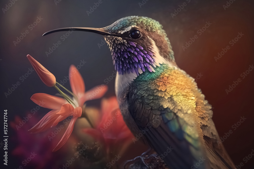 Fototapeta premium A pretty multicolored hummingbird sitting on flowers. Generative AI digital illustration