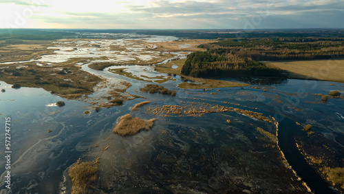 Aerial view of the backwaters of the Narew River on a sunny,spring day.