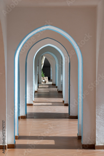 Detail of wall and corridor with many arches in Egypt hotel in Sharm el Sheikh