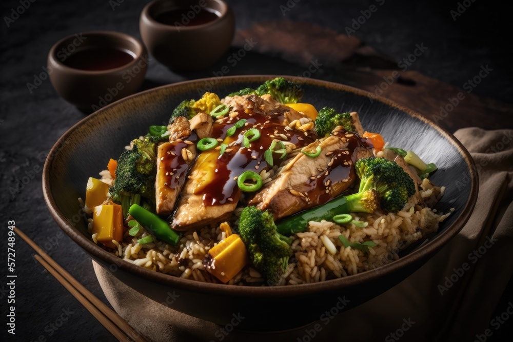 A bowl of fried rice with chicken, vegetables and teriyaki sauce A bowl of fried rice with chicken, vegetables and teriyaki sauce