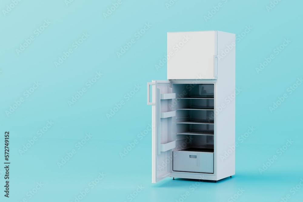 the concept of long-term storage of food. open white refrigerator on a blue background. 3D render the concept of long-term storage of food. open white refrigerator on a blue background. 3D render