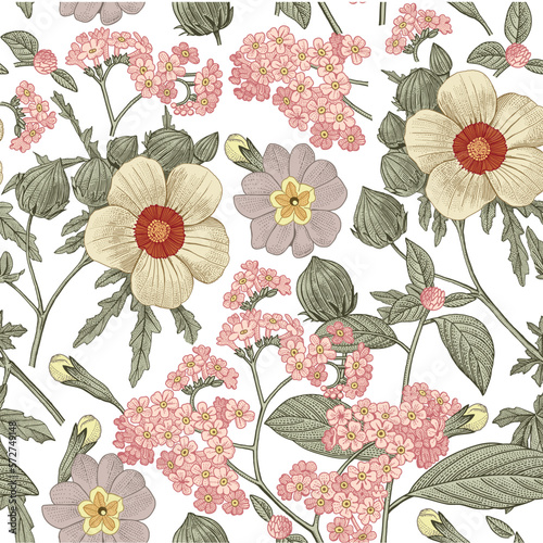 Seamless pattern fabric. Beautiful realistic isolated flowers. Vintage background. Hibiscus, Wahlenbergia Hemlock fern wildflowers. Wallpaper baroque. Drawing engraving. Vector victorian illustration