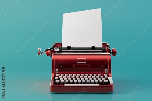 the concept of typed text on a typewriter. a red typewriter with a sheet of paper. 3D render