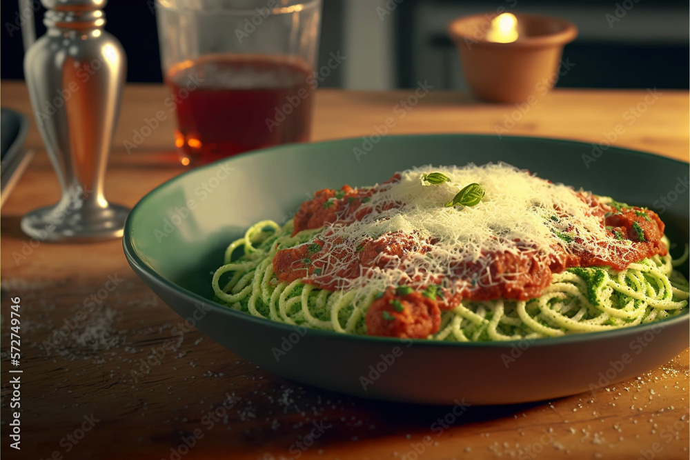 A bowl of zoodles (zucchini noodles), tossed with a homemade tomato sauce and a sprinkle of parmesan cheese, generative ai