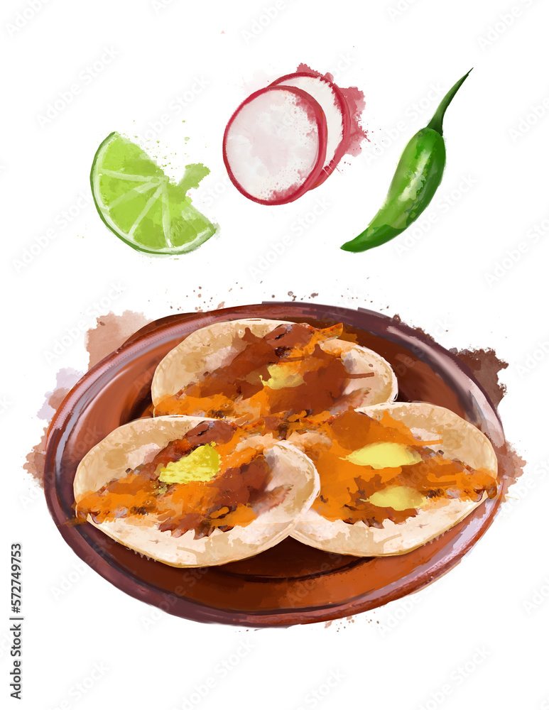 Tacos al pastor. Ilustracion de comida tipicia mexicana en estilo de pintura, sobre plato de barro Tacos al pastor. Ilustracion de comida tipicia mexicana en estilo de pintura, sobre plato de barro