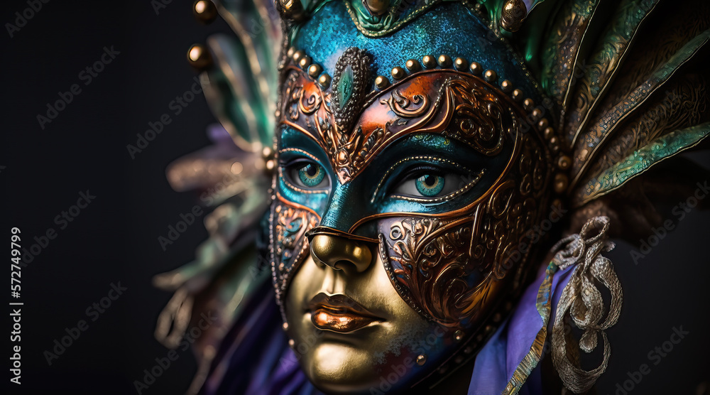 Illustration of a woman dressed with a Venetian mask and costume from seventeenth-century for a carnival party in Venice. Carnival elegant festive celebration background. Generative ai	
