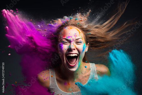 Happy young woman enjoying colorful Holy powder splash. AI generated image