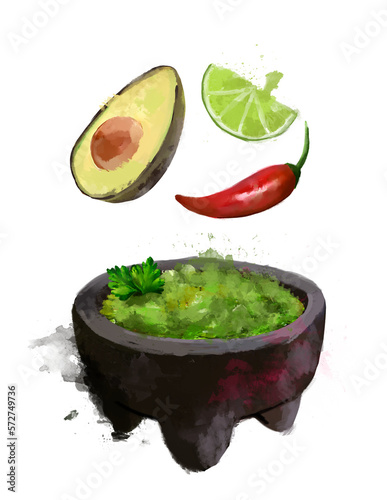 Guacamole en molecajete. Ilustracion de comida tipicia mexicana en estilo de pintura photo