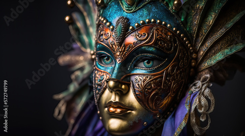 Illustration of a woman dressed with a Venetian mask and costume from seventeenth-century for a carnival party in Venice. Carnival elegant festive celebration background. Generative ai   © Michael