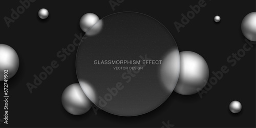 Modern abstraction. Glassmorphism trend design. 3d spheres and circle glass panel. Monochome illustration. Dark background. Vector art photo