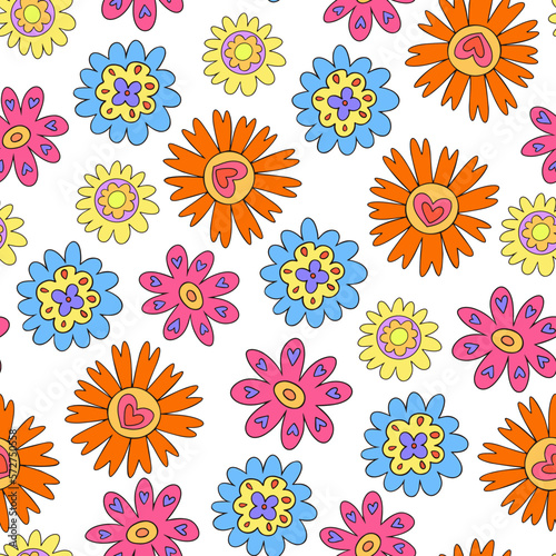 Decorative vibrant retro floral seamless pattern. Pattern with primitive colorful retro vintage flowers 1970