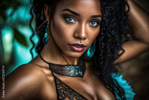Portrait of black ebony beauty woman with amazing hair. Generative ai.