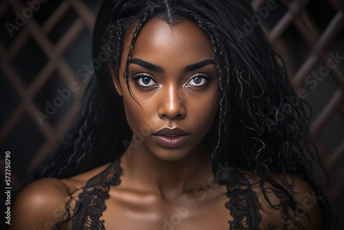 Portrait of black ebony beauty woman with amazing hair. Generative ai.
