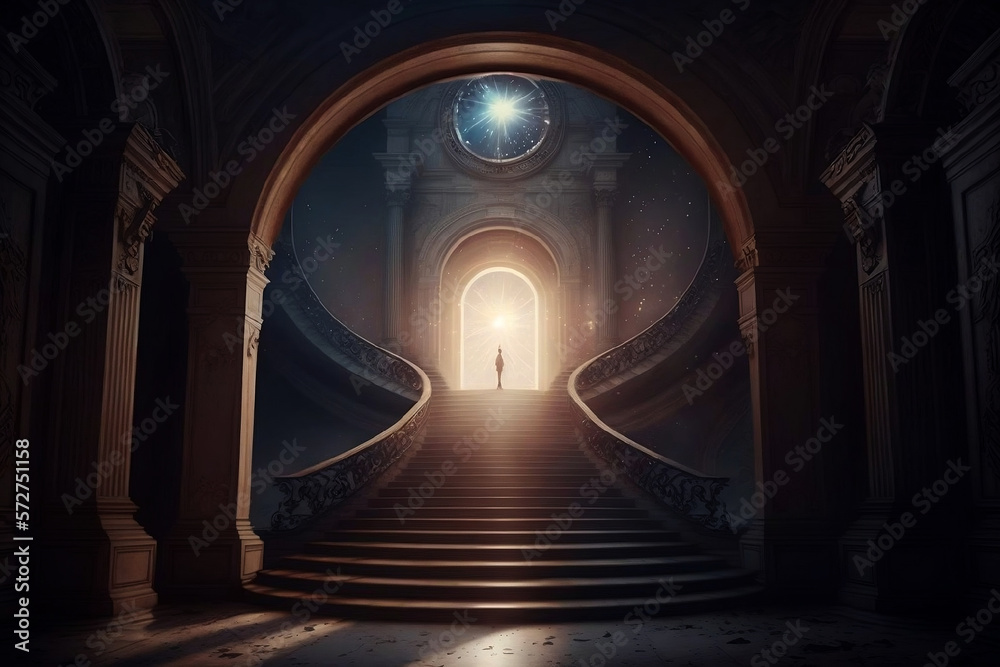 Fototapeta premium une silhouette s'apprête à franchir les portes du paradis, forte lumière blanche en haut d'un escalier - illustration ia