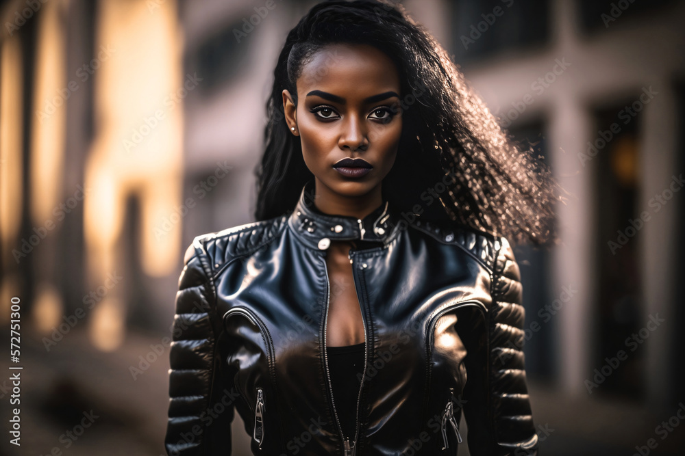 Ebony woman wearing black leather jacket and t-shirt. Generative
