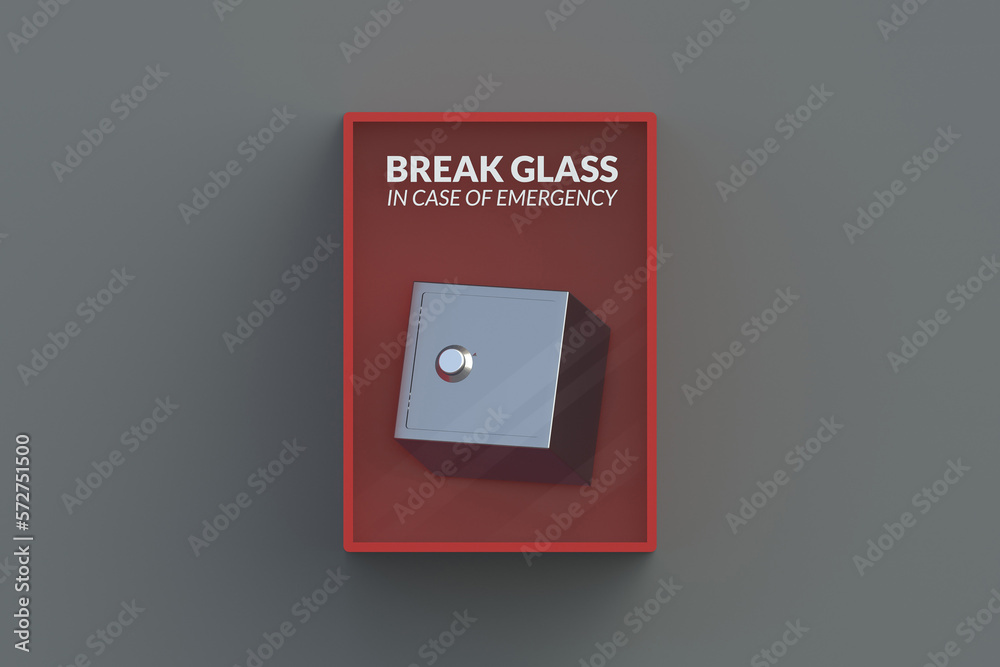 Safe in red emergency box on gray wall. 3d render Safe in red emergency box on gray wall. 3d render