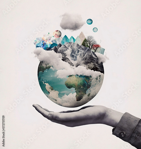 Hand holding a globe, Art Collage, Photo Collage, Generative AI photo